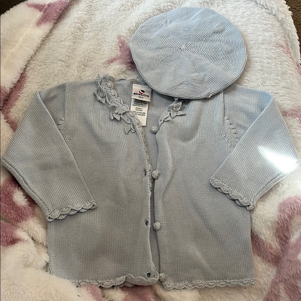 B32 Absorba Brand Baby Blue Knit Cardigan and Hat Set